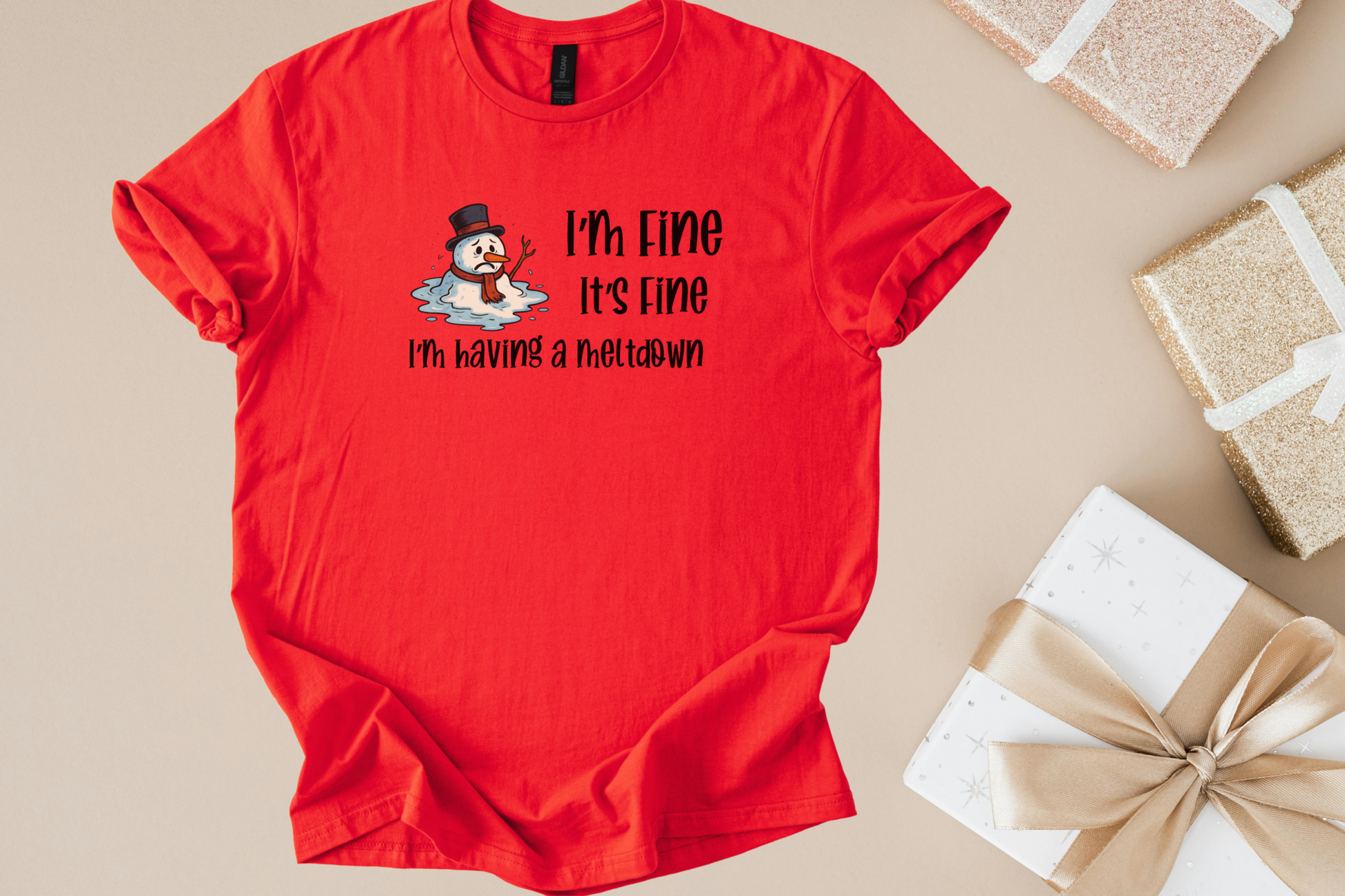 Red unisex softstyle shirt with a melting snowman and "I'm fine, I'm having a meltdown" holiday humor design