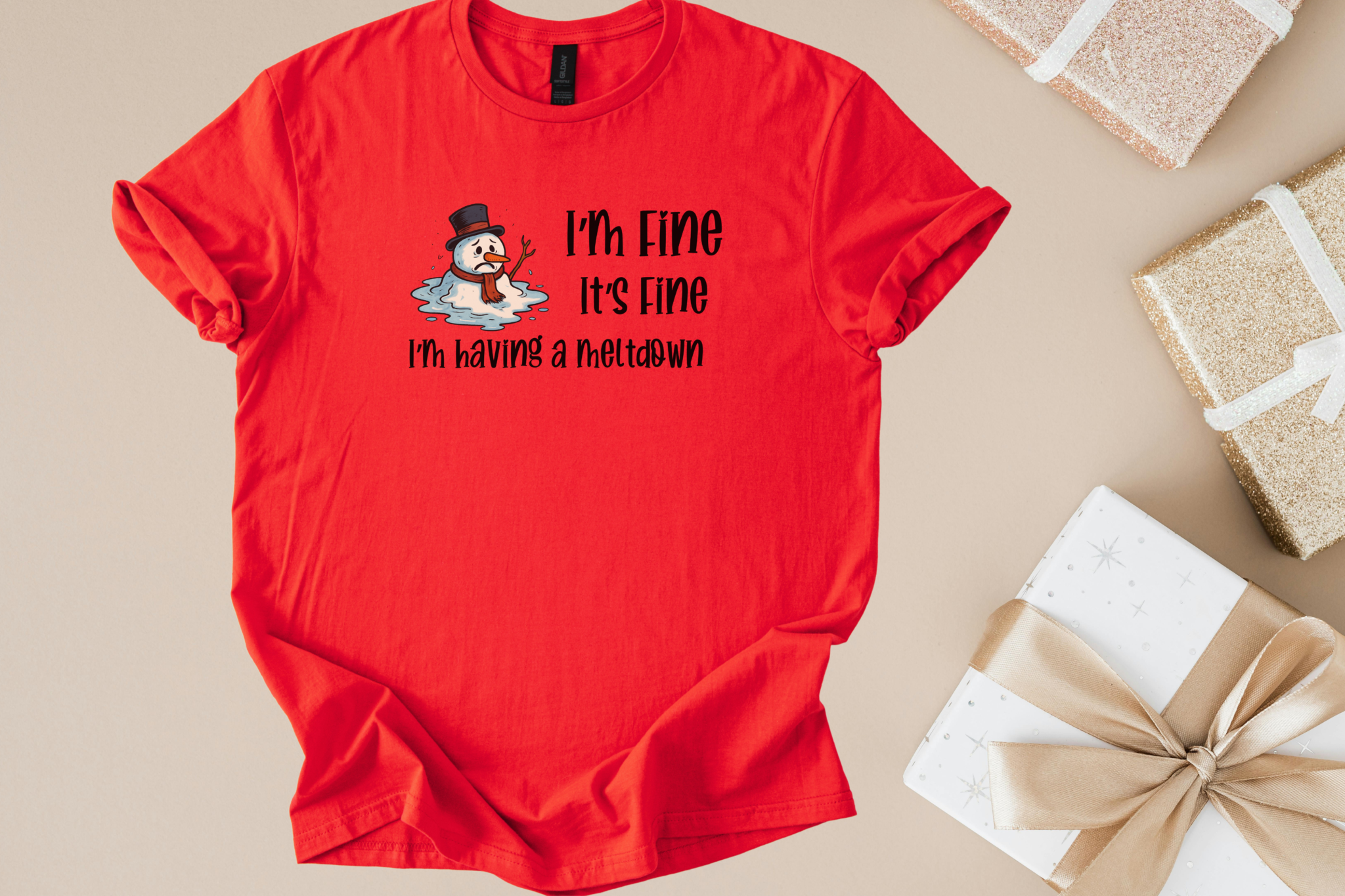 Red unisex softstyle shirt with a melting snowman and "I'm fine, I'm having a meltdown" holiday humor design