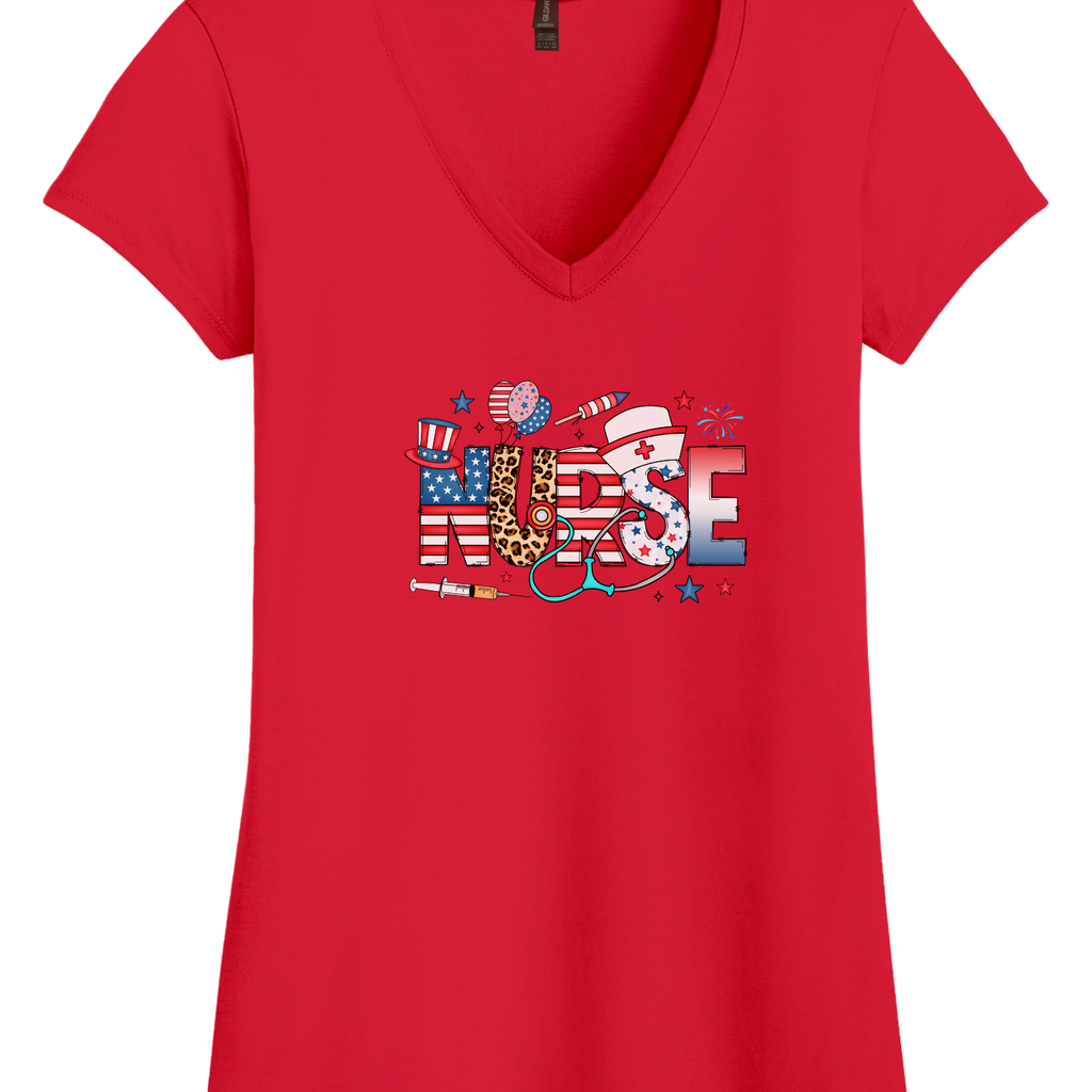 Women's patriotic nurse V-neck shirt with American flag, leopard print, and healthcare symbols, perfect for summer vibes and nursing pride