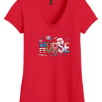 Women's patriotic nurse V-neck shirt with American flag, leopard print, and healthcare symbols, perfect for summer vibes and nursing pride