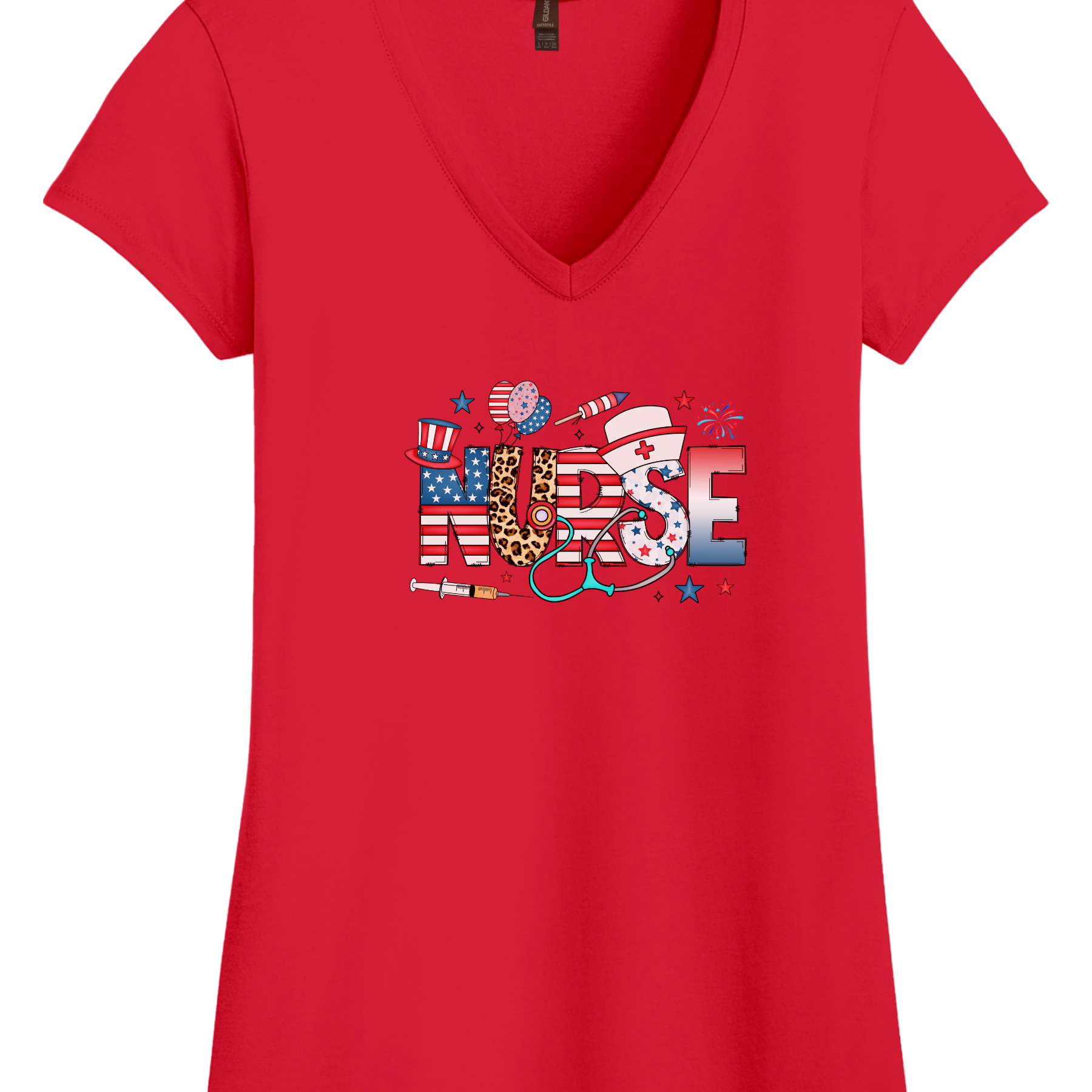 Women's patriotic nurse V-neck shirt with American flag, leopard print, and healthcare symbols, perfect for summer vibes and nursing pride