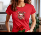 Valentine's Day t-shirt with "You Blow Me Away" design, female model holding a rose.