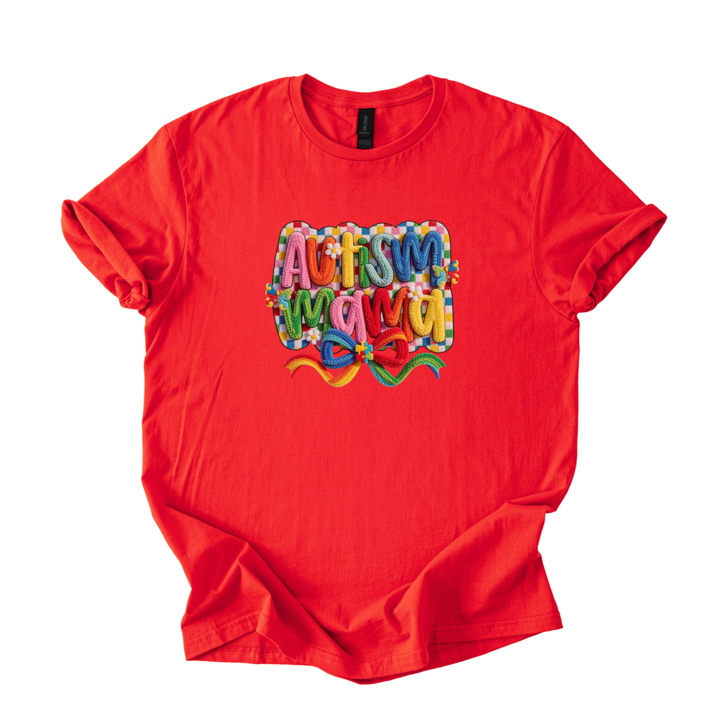 White tee with Autism Mama Rainbow crochet-style yarn lettering and colorful ribbon and daisy accents