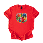 White tee with Autism Mama Rainbow crochet-style yarn lettering and colorful ribbon and daisy accents