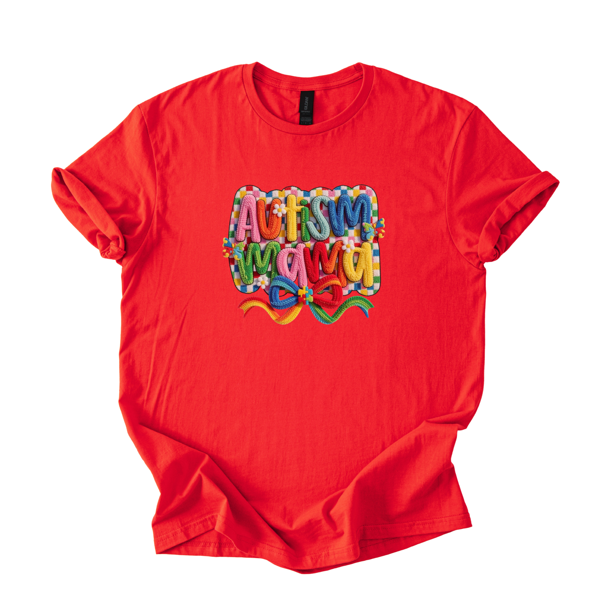 White tee with Autism Mama Rainbow crochet-style yarn lettering and colorful ribbon and daisy accents