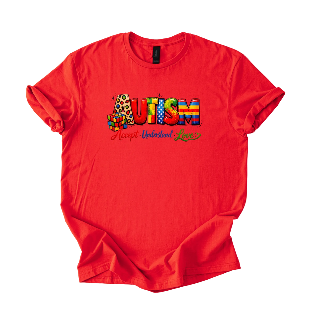 Colorful autism acceptance graphic tee with Accept Understand Love message on softstyle shirt