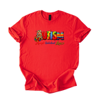 Colorful autism acceptance graphic tee with Accept Understand Love message on softstyle shirt