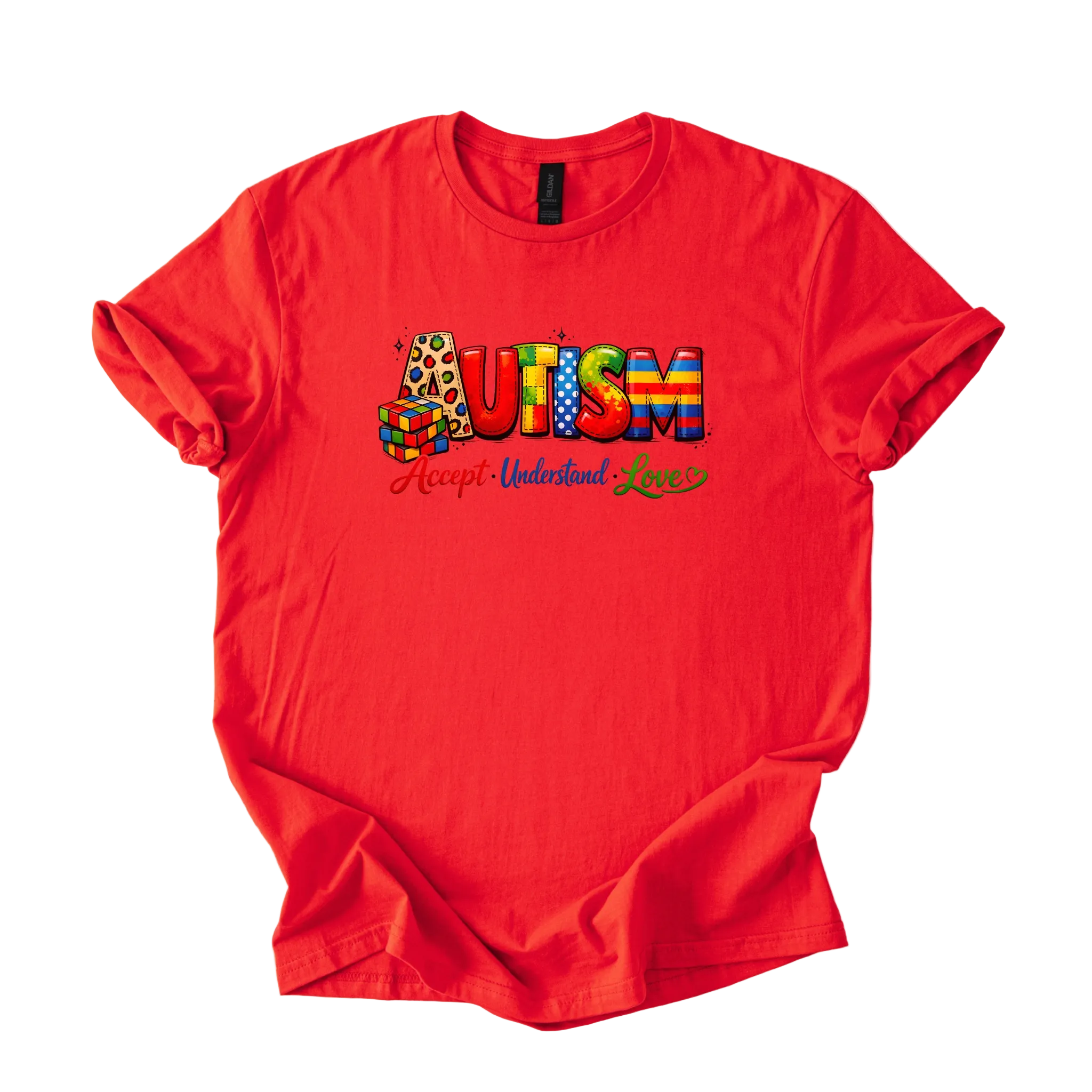 Colorful autism acceptance graphic tee with Accept Understand Love message on softstyle shirt