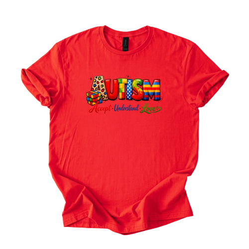 Colorful autism acceptance graphic tee with Accept Understand Love message on softstyle shirt