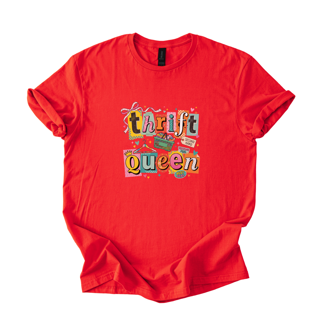 White Thrift Queen retro collage tee with colorful vintage graphics and playful Y2K design
