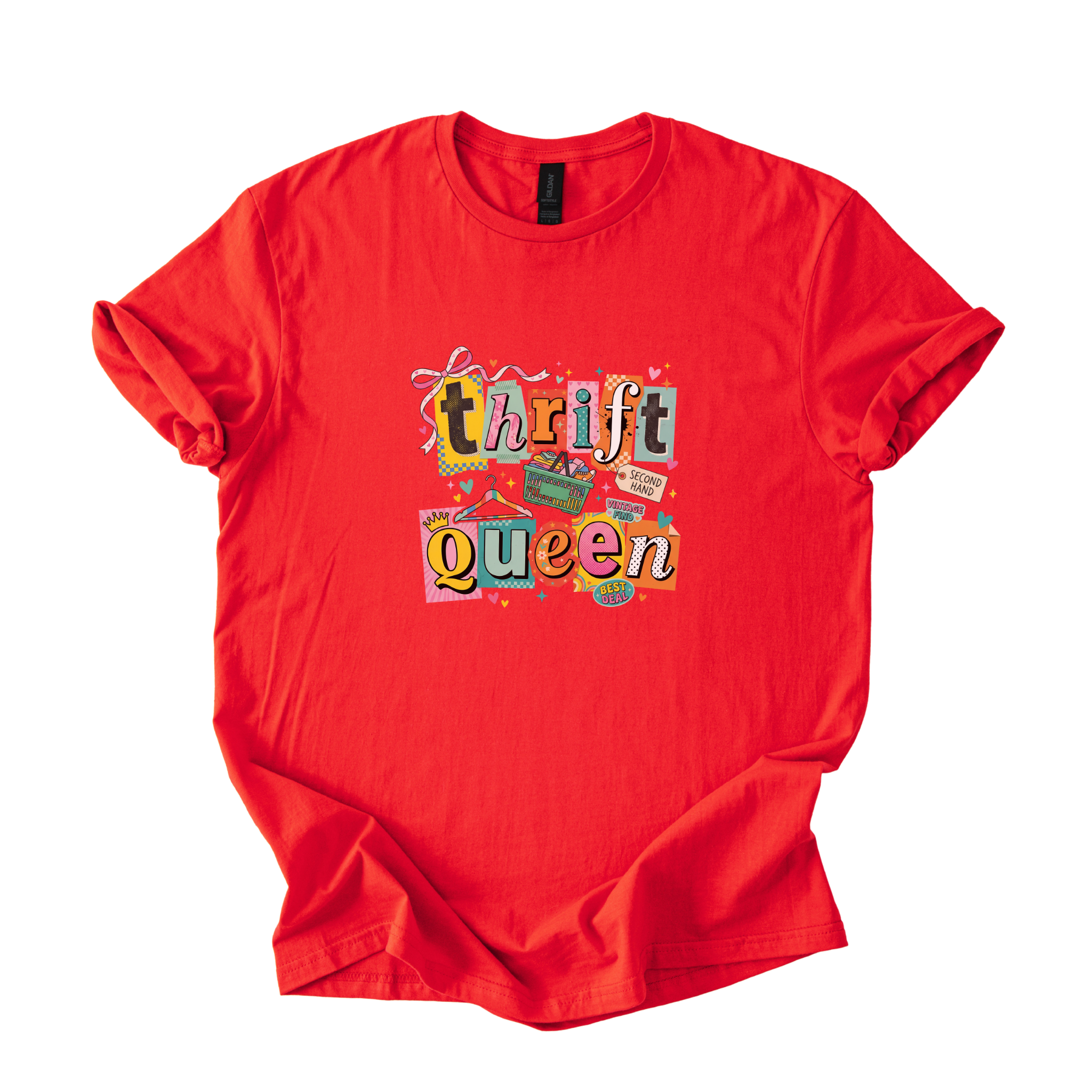 White Thrift Queen retro collage tee with colorful vintage graphics and playful Y2K design