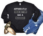 Unisex black sweatshirt with "Apparently Rock Bottom Has A Basement" quote, humor gift for men and women.