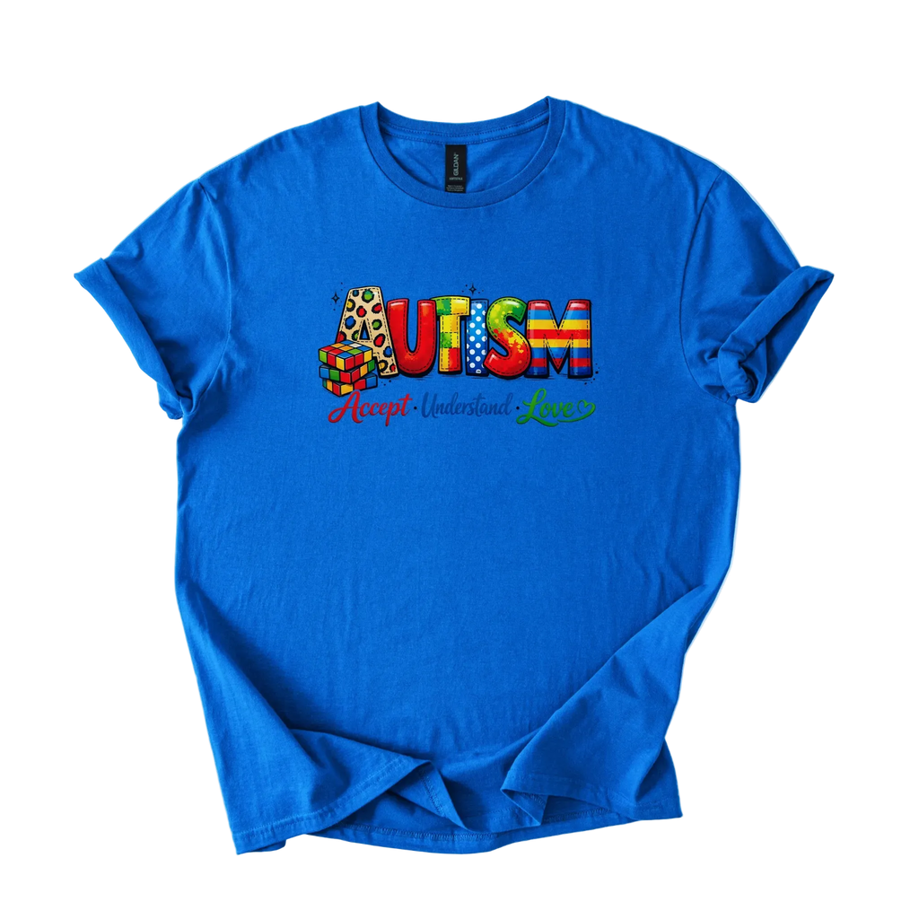 Colorful autism acceptance graphic on softstyle unisex shirt with message Accept Understand Love