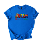 Colorful autism acceptance graphic on softstyle unisex shirt with message Accept Understand Love