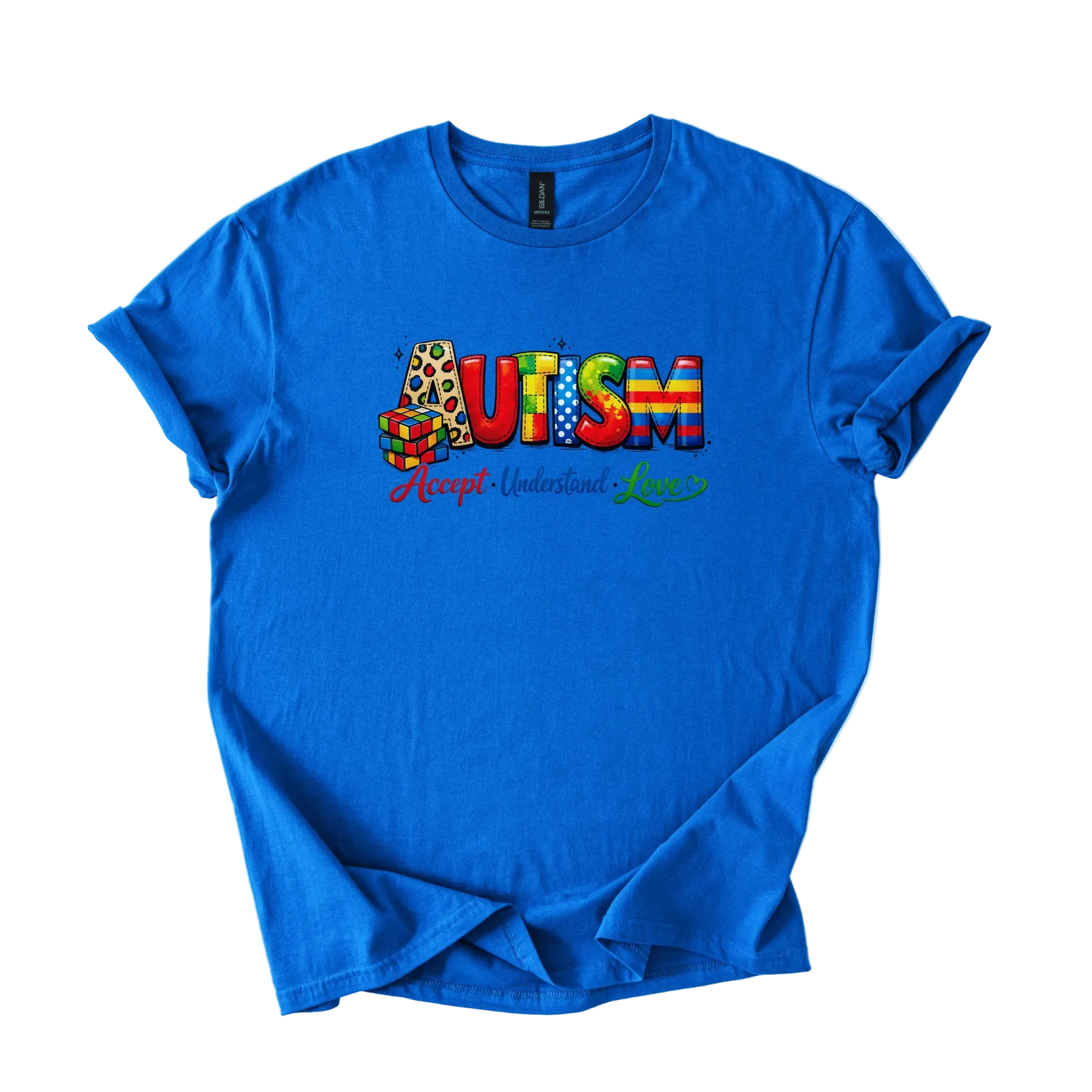 Colorful autism acceptance graphic on softstyle unisex shirt with message Accept Understand Love