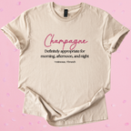 Beige Gildan Softstyle t-shirt with "Champagne definitely appropriate for morning, afternoon, and night" text, perfect for champagne brunch lovers