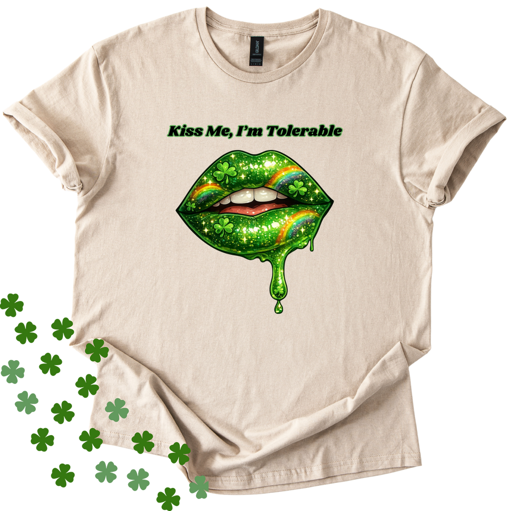 Sand St Patricks Day unisex softstyle shirt with "Kiss Me I'm Tolerable" text design