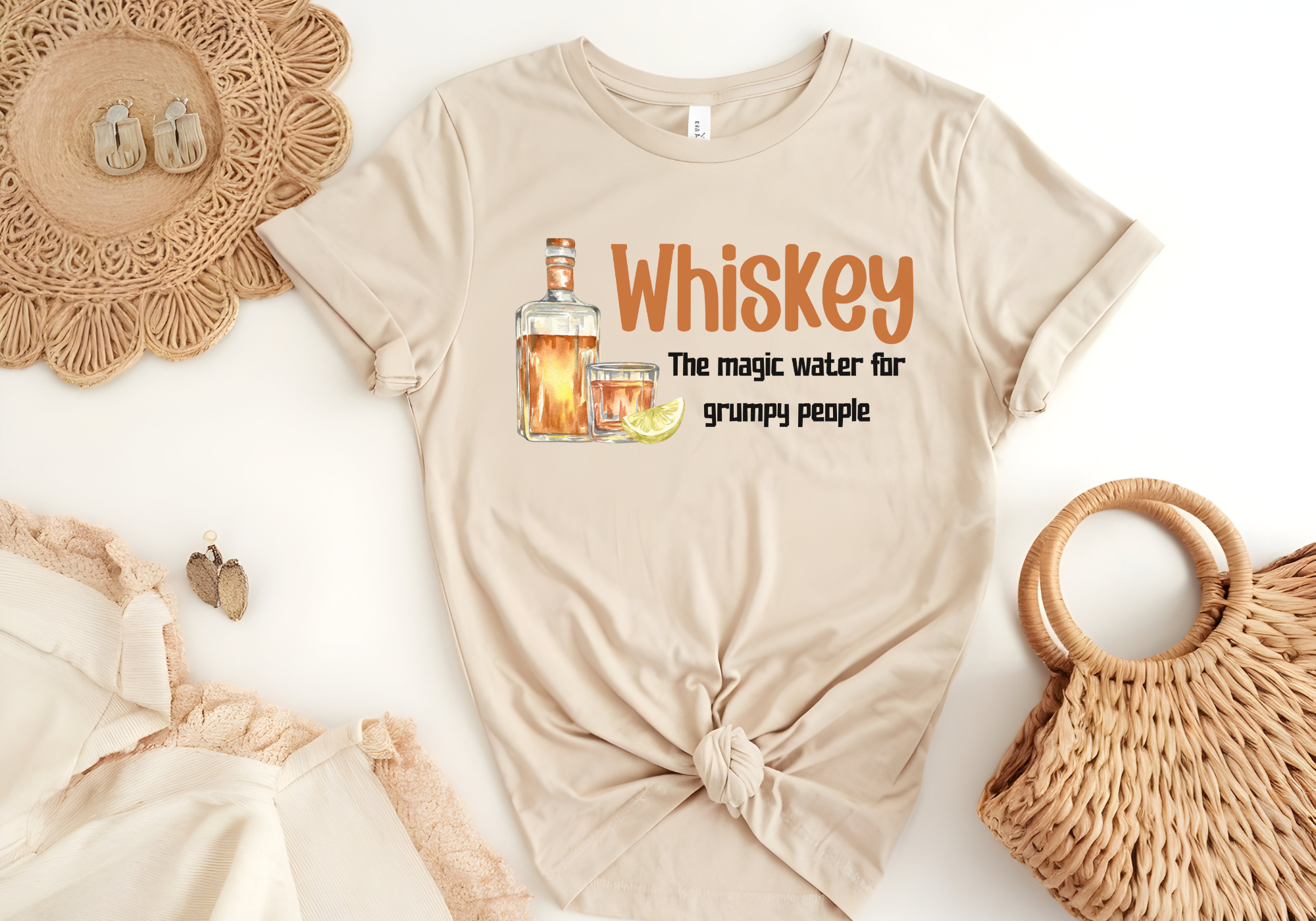 Gildan 64000 Unisex Shirt with "Grumpy People Drink Whiskey" print, soft cotton, casual wear.
