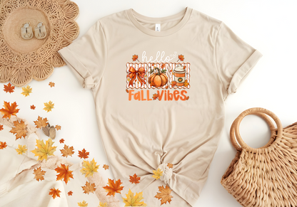 Hello Fall Vibes softstyle shirt with autumn pumpkins and coffee design in beige