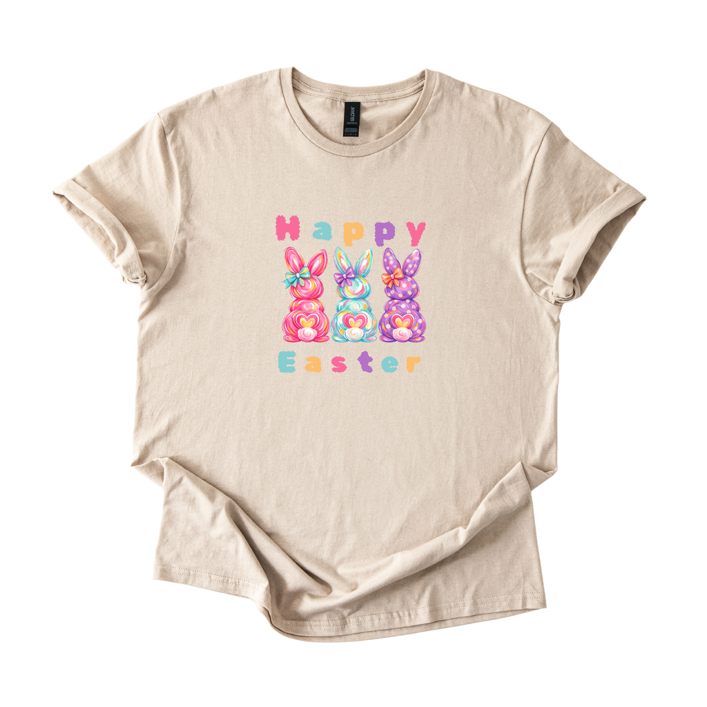Happy Easter Bunny Softstyle T-shirt with pastel candy bunnies and bows for spring celebrations