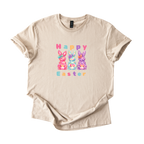 Happy Easter Bunny Softstyle T-shirt with pastel candy bunnies and bows for spring celebrations