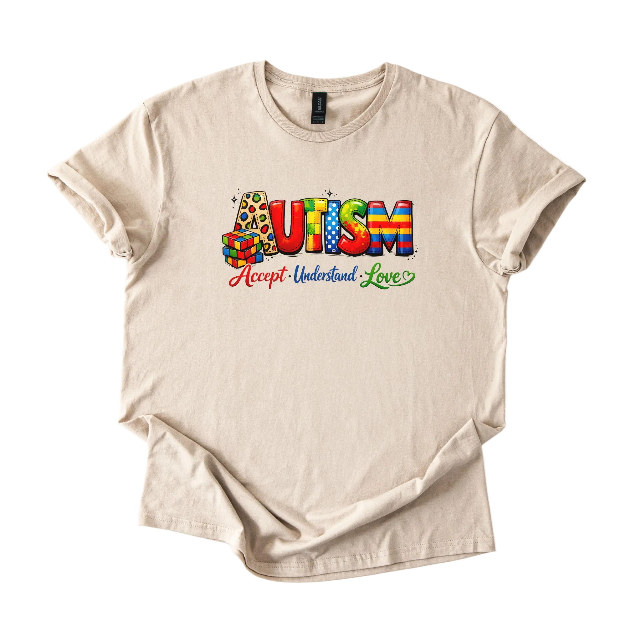 Colorful autism acceptance shirt with Accept Understand Love design on softstyle tee