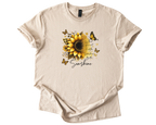 Sunflower Sunshine Inspirational Shirt with vibrant sunflower, butterflies, and motivational quote on soft unisex tee