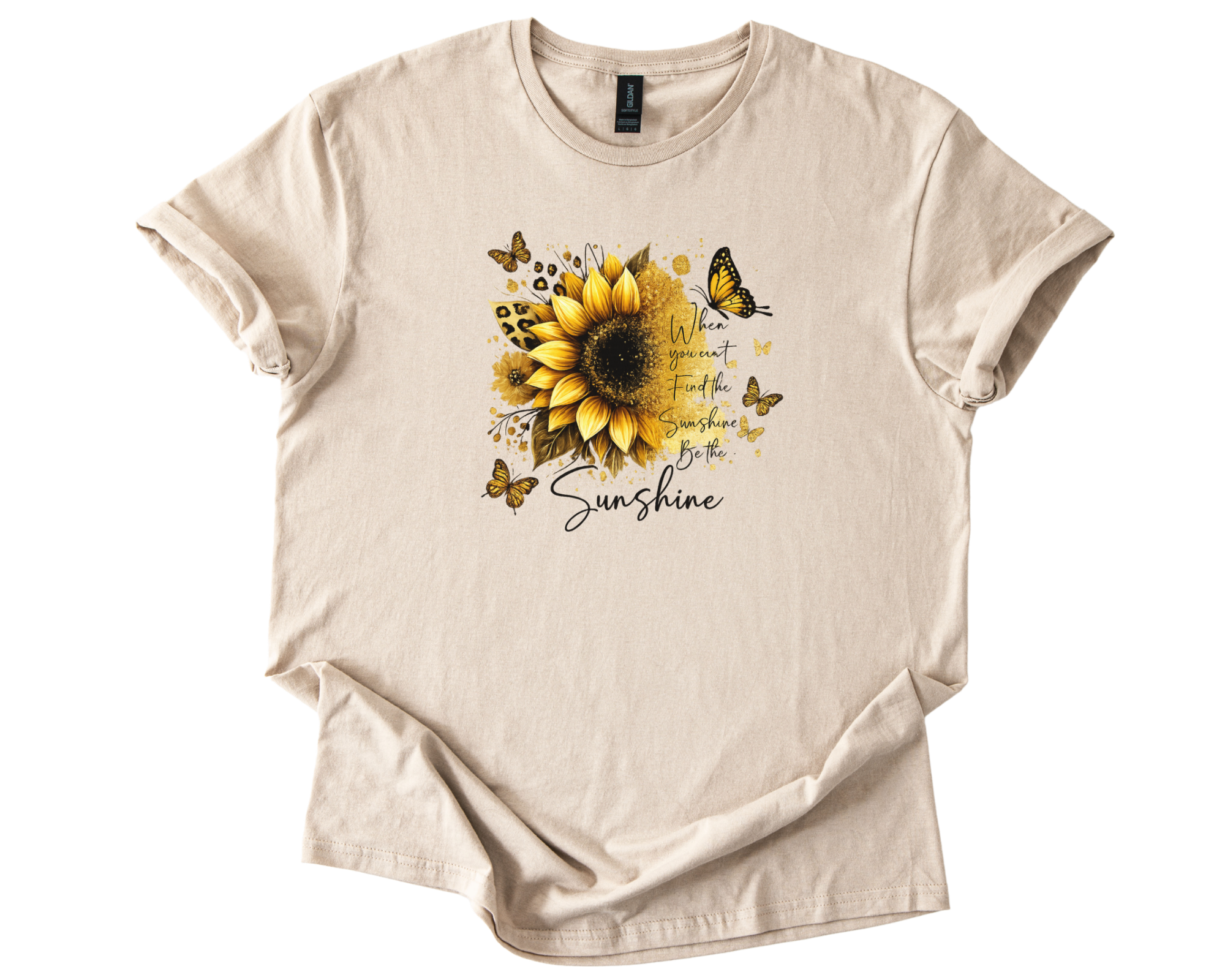Sunflower Sunshine Inspirational Shirt with vibrant sunflower, butterflies, and motivational quote on soft unisex tee