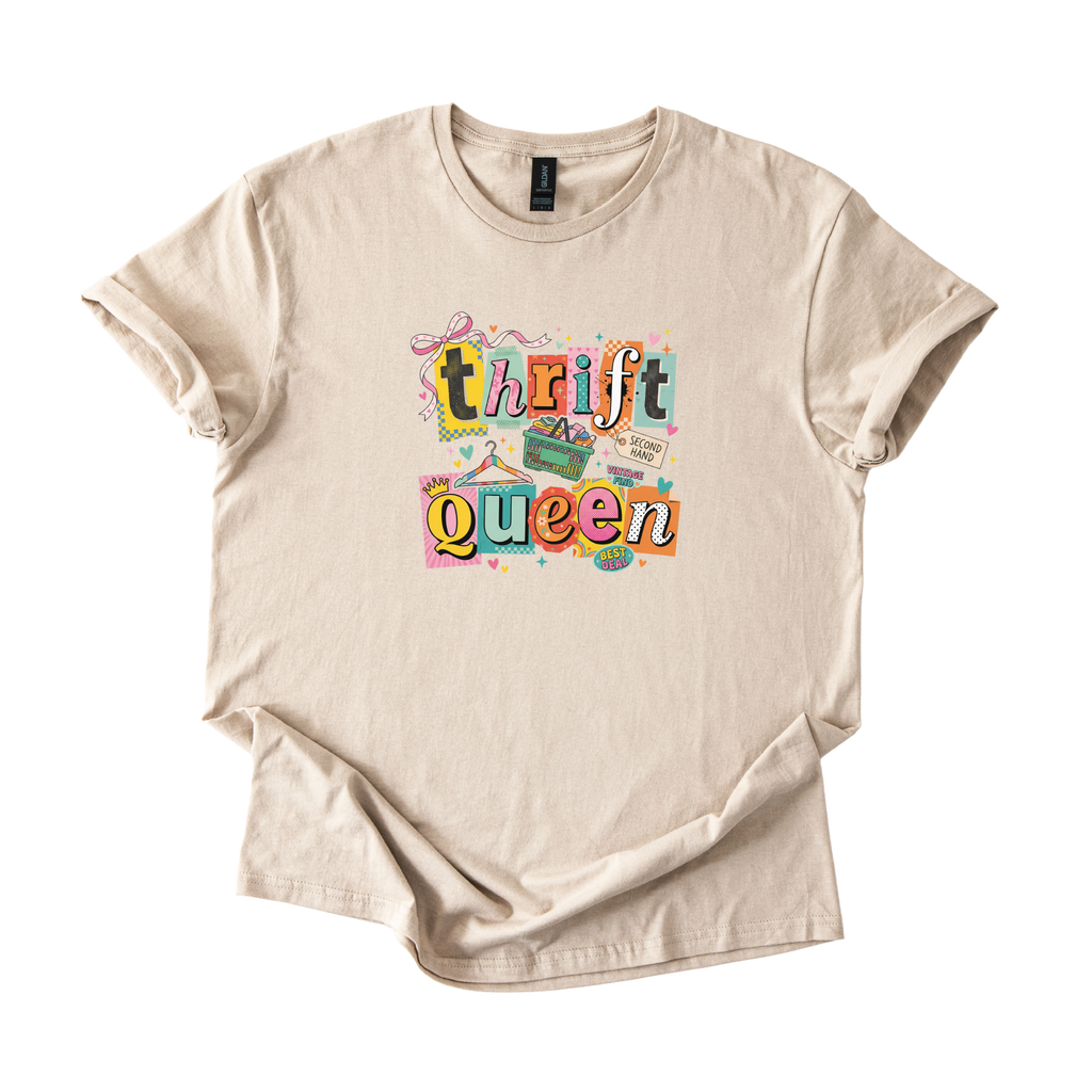 White Thrift Queen retro collage tee with bold colorful graphic and playful Y2K design