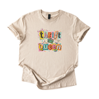 White Thrift Queen retro collage tee with bold colorful graphic and playful Y2K design