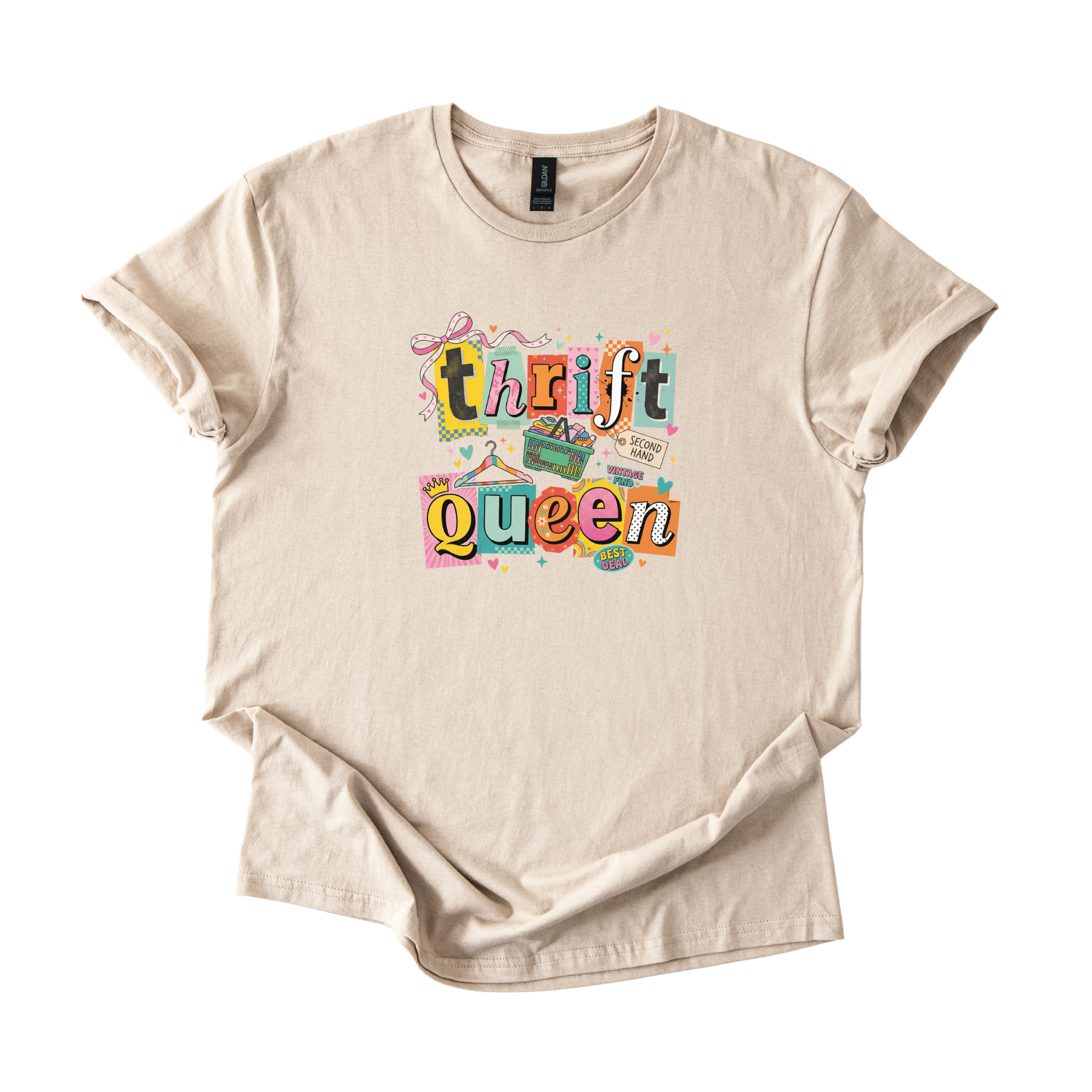 White Thrift Queen retro collage tee with bold colorful graphic and playful Y2K design