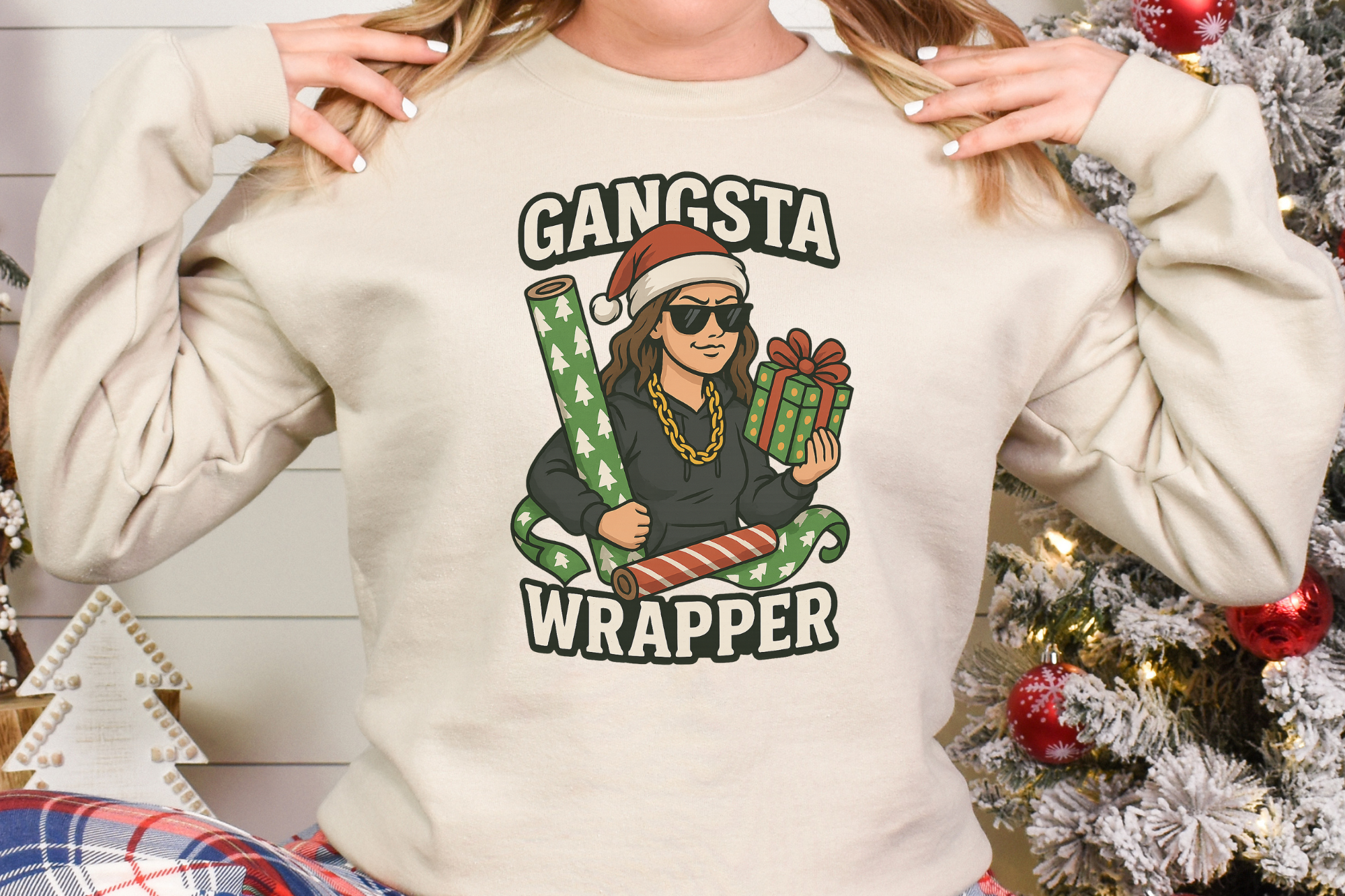 Gangsta Wrapper holiday sweatshirt for mom with festive Christmas design and comfortable fleece blend