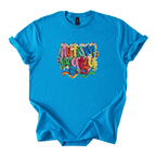 White tee with bold yarn-style Autism Mama Rainbow design and floral accents