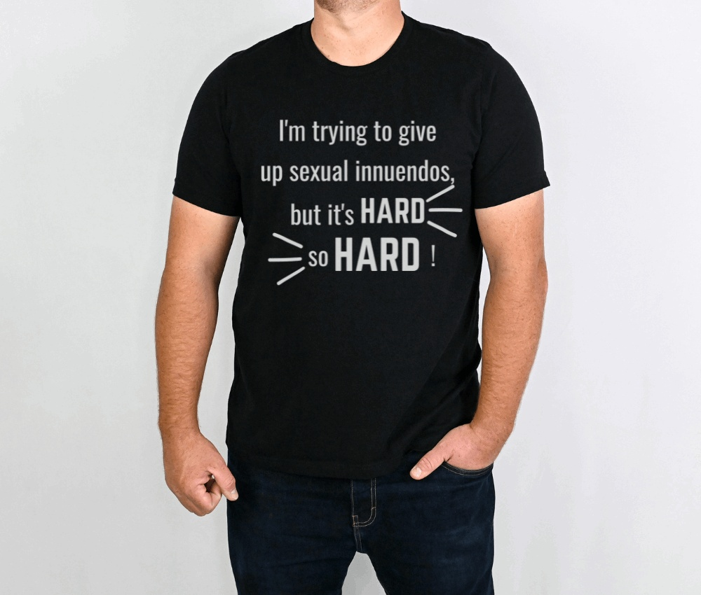 Black Gildan Softstyle shirt with humorous sexual innuendo text for men.