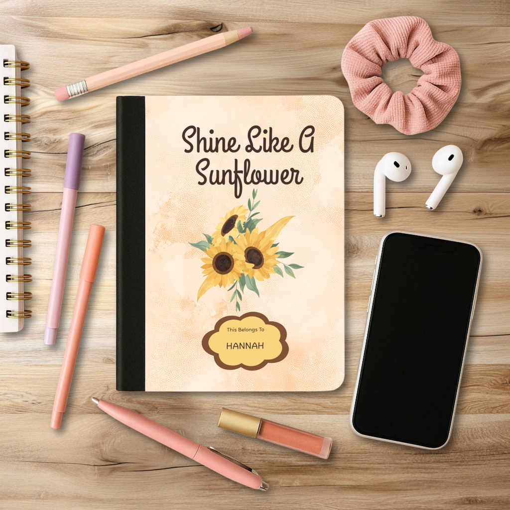 Motivational Journal with sunflower design reading Shine Like A Sunflower on desk with pens, pencil, phone, and earbuds