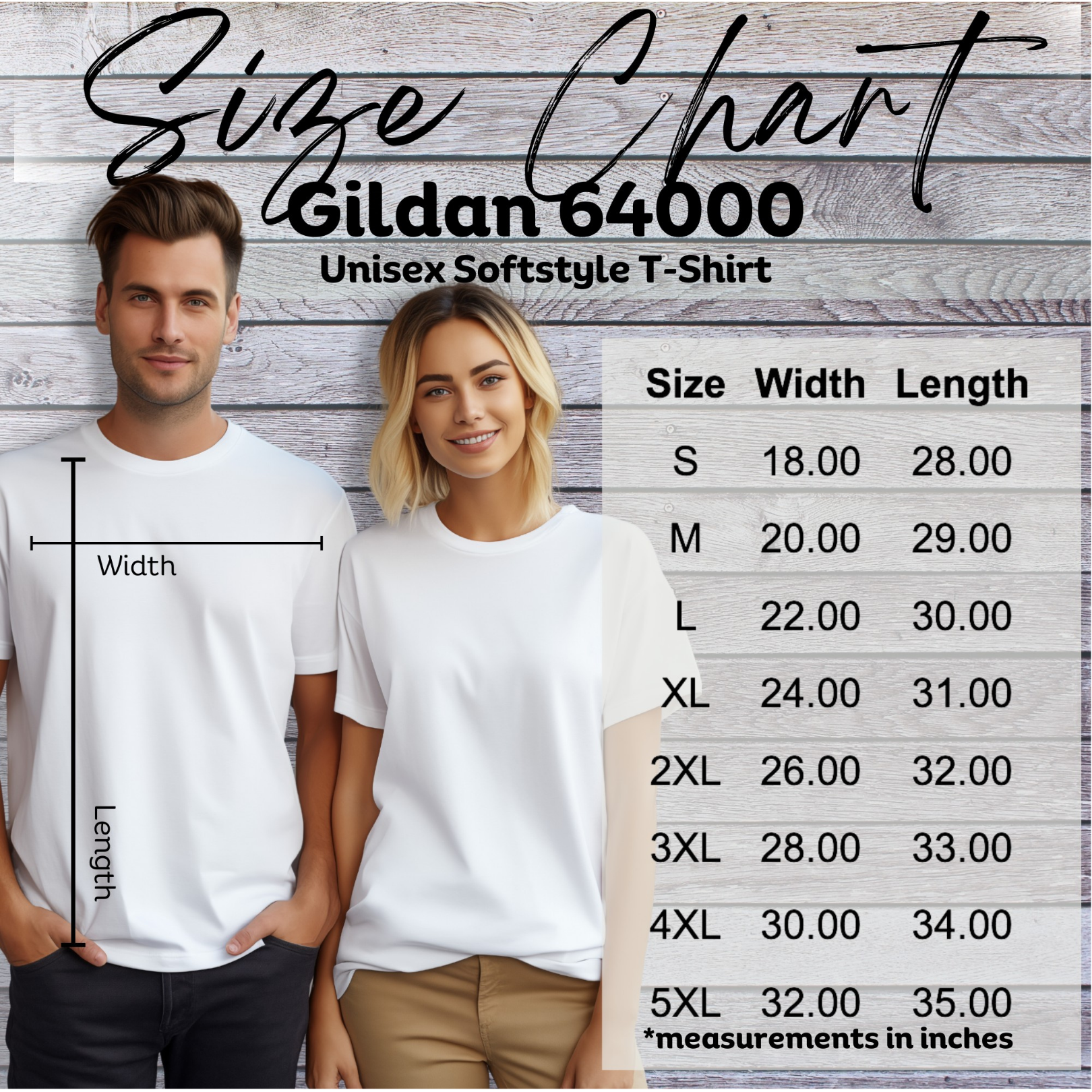 Unisex t-shirt size chart display featuring Gildan 64000, with a man and woman modeling shirts.