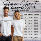 Size chart for Gildan 64000 Ducks Not In A Row softstyle unisex short sleeve t-shirt showing width and length measurements in inches with male and female models wearing plain white shirts