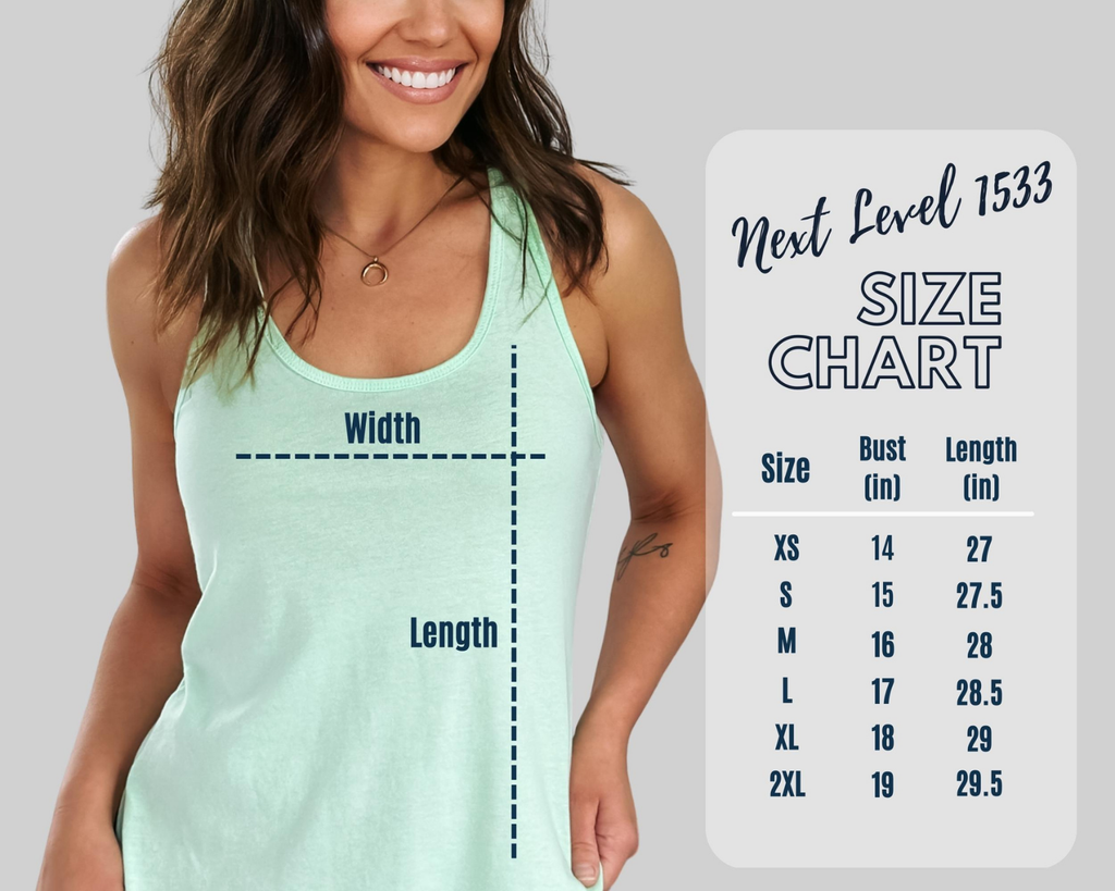 Racerback tank top with "Red Wine and Blue" design, shown with a size chart.