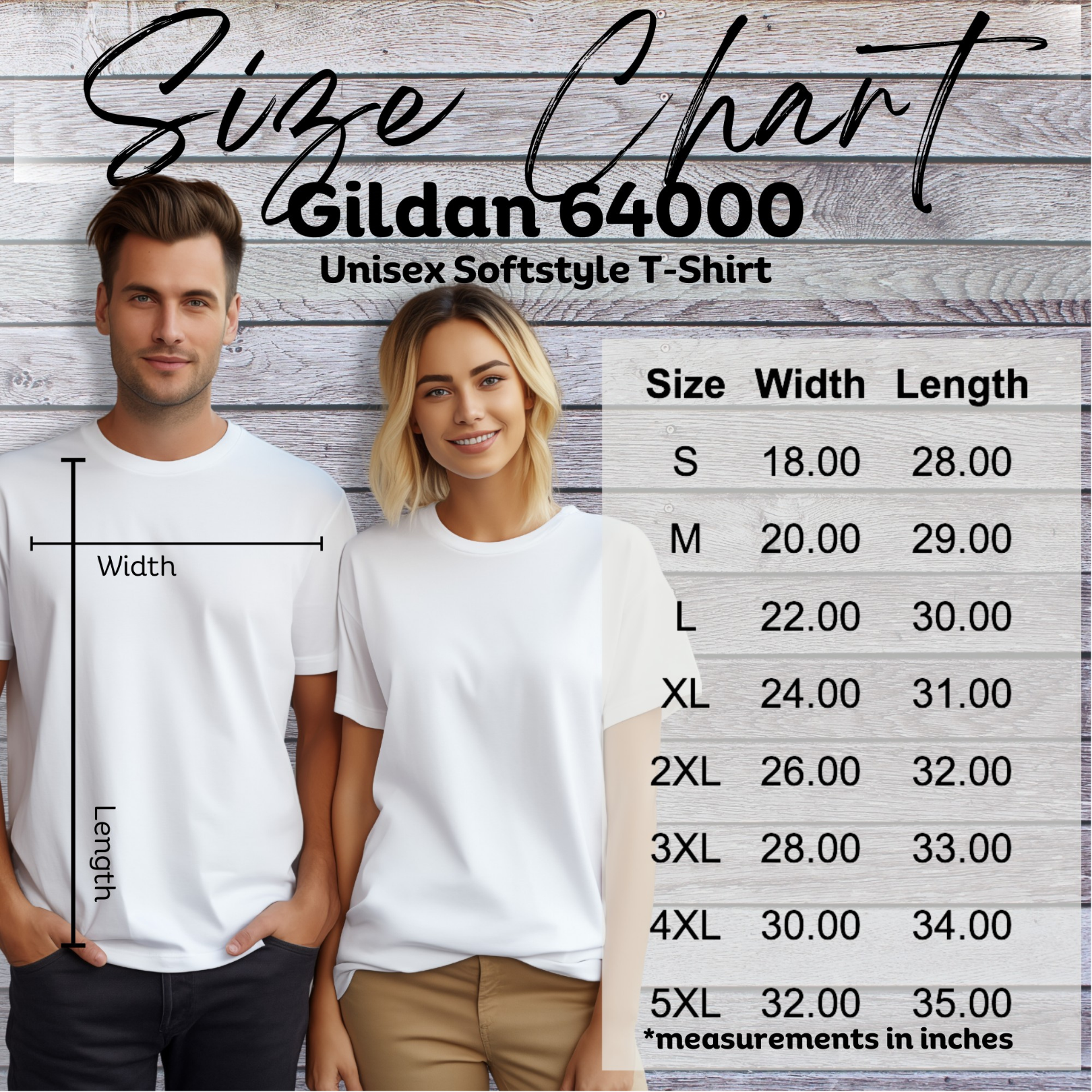 Gildan 64000 softstyle t-shirt size chart with male and female models showing measurements for Gildan 64000 unisex tee