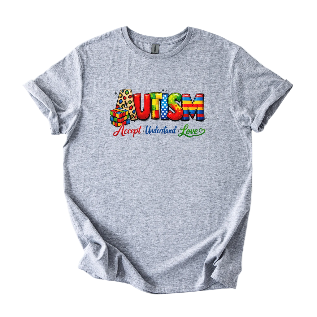 Colorful autism acceptance shirt with Accept Understand Love message on softstyle tee