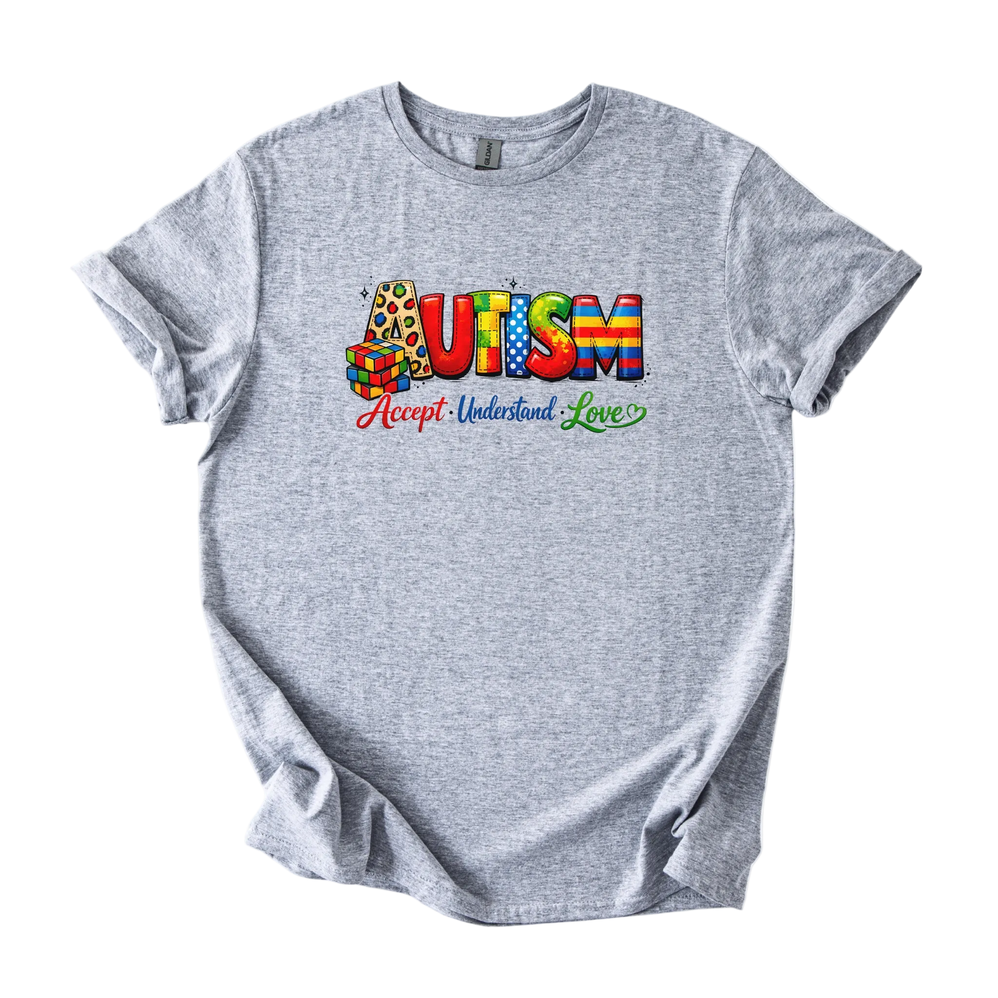 Colorful autism acceptance shirt with Accept Understand Love message on softstyle tee