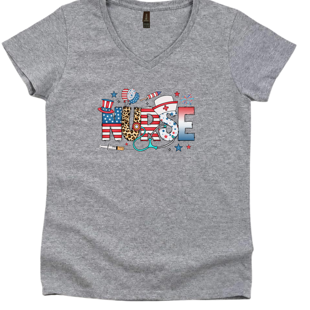 Women's patriotic nurse V-neck shirt with American flag and healthcare-themed design for summer vibes