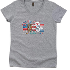 Women's patriotic nurse V-neck shirt with American flag and healthcare-themed design for summer vibes