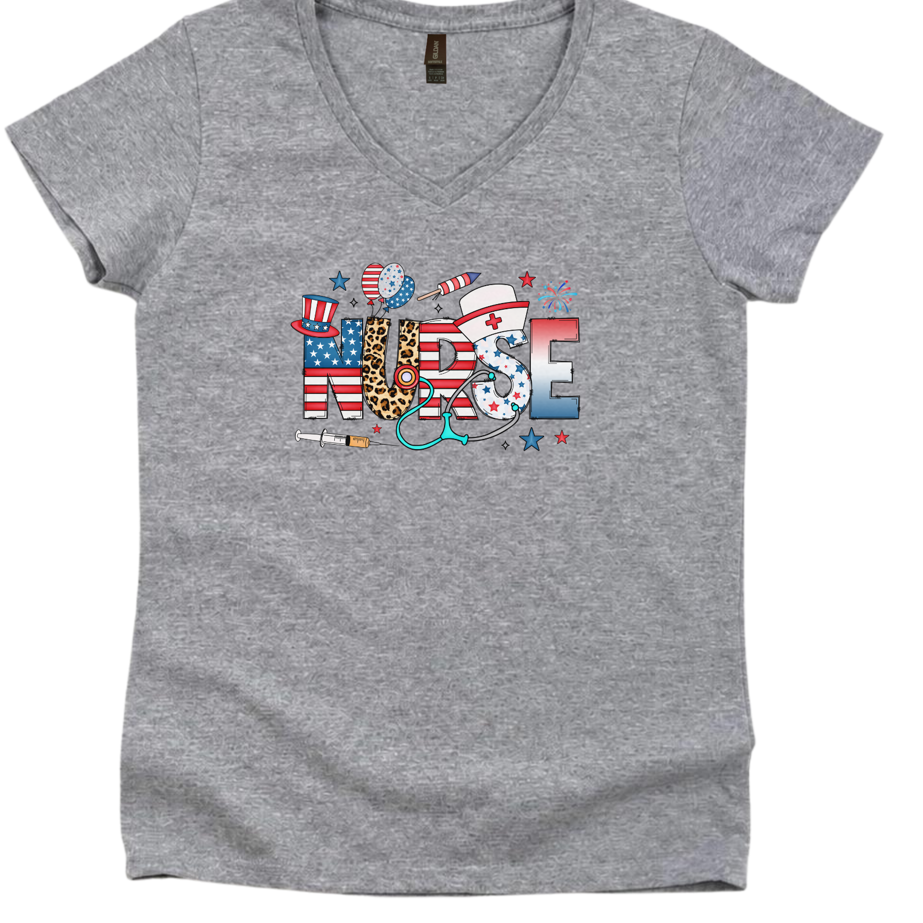 Women's patriotic nurse V-neck shirt with American flag and healthcare-themed design for summer vibes
