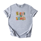 White Thrift Queen tee with colorful retro collage graphic of shopping elements and hearts