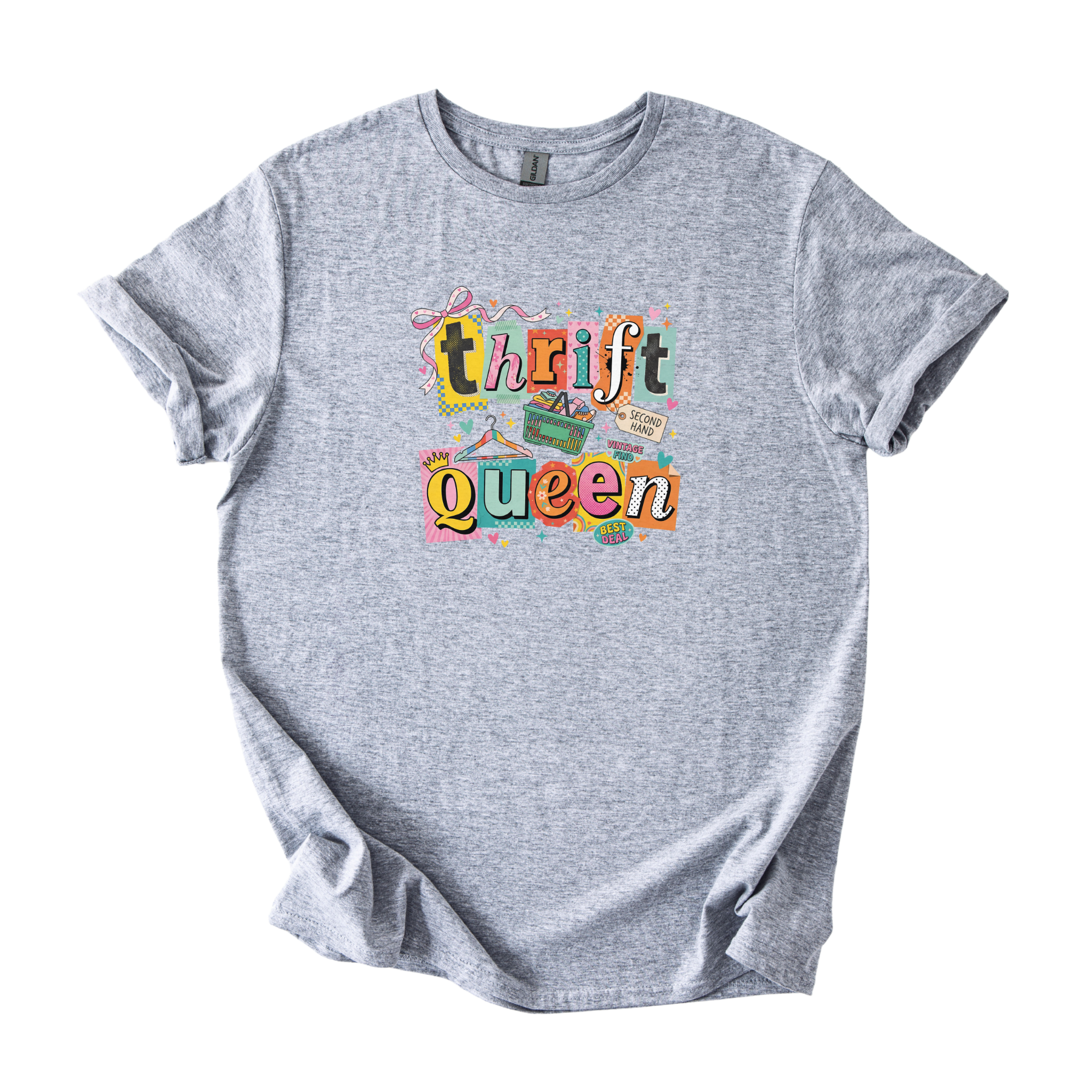 White Thrift Queen tee with colorful retro collage graphic of shopping elements and hearts