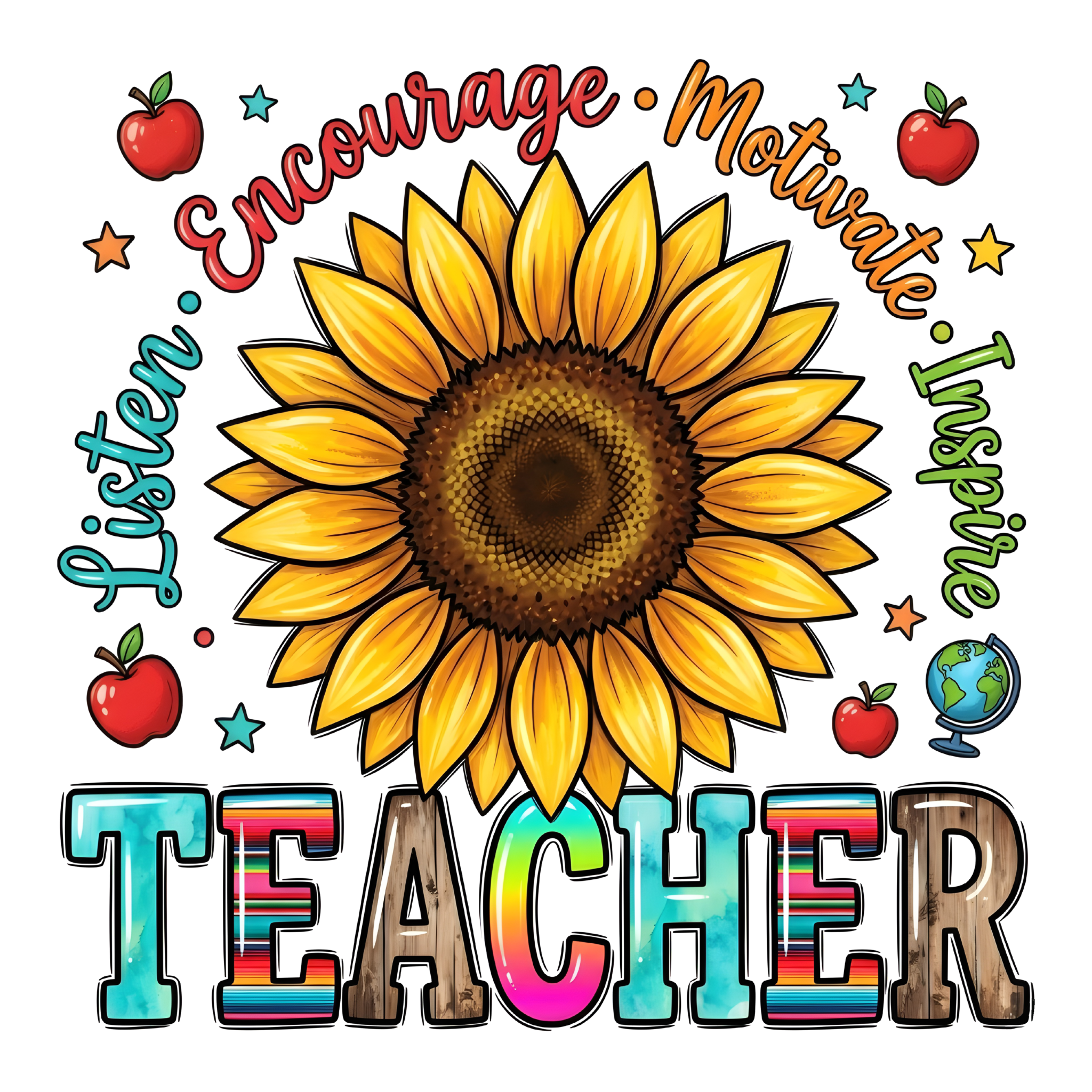 Colorful sunflower DTF print with "Watch Out Kindergarten" text for custom apparel and accessories