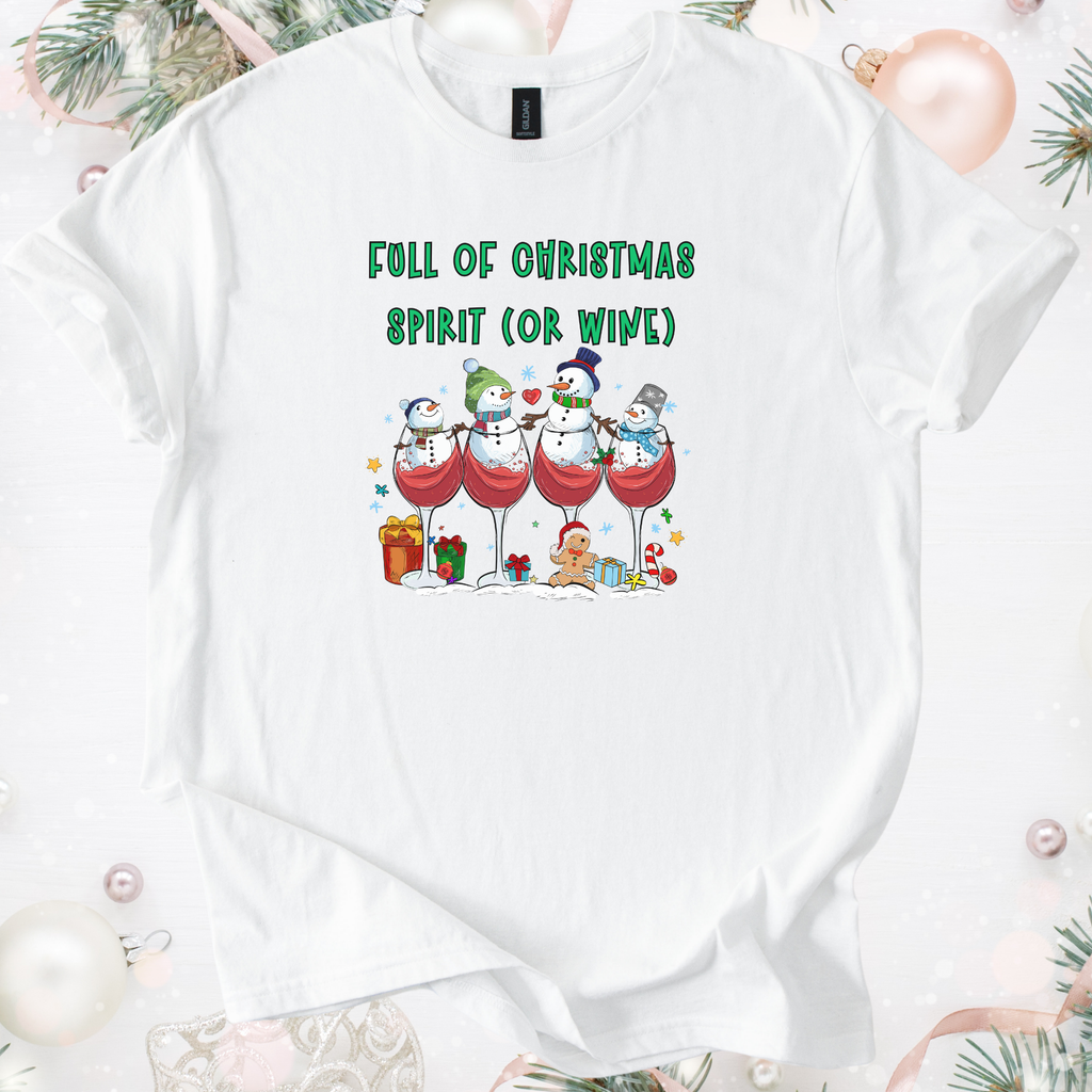 White festive holiday t-shirt with snowmen in wine glasses and "Full of Christmas Spirit (or Wine)" text design