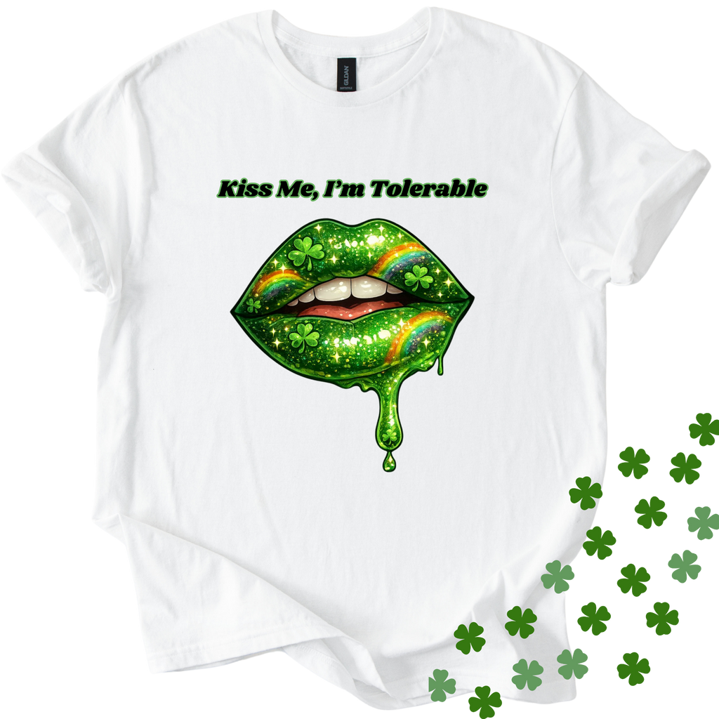 White St Patricks Day unisex softstyle shirt with "Kiss Me I'm Tolerable" text design