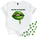 White St Patricks Day unisex softstyle shirt with "Kiss Me I'm Tolerable" text design